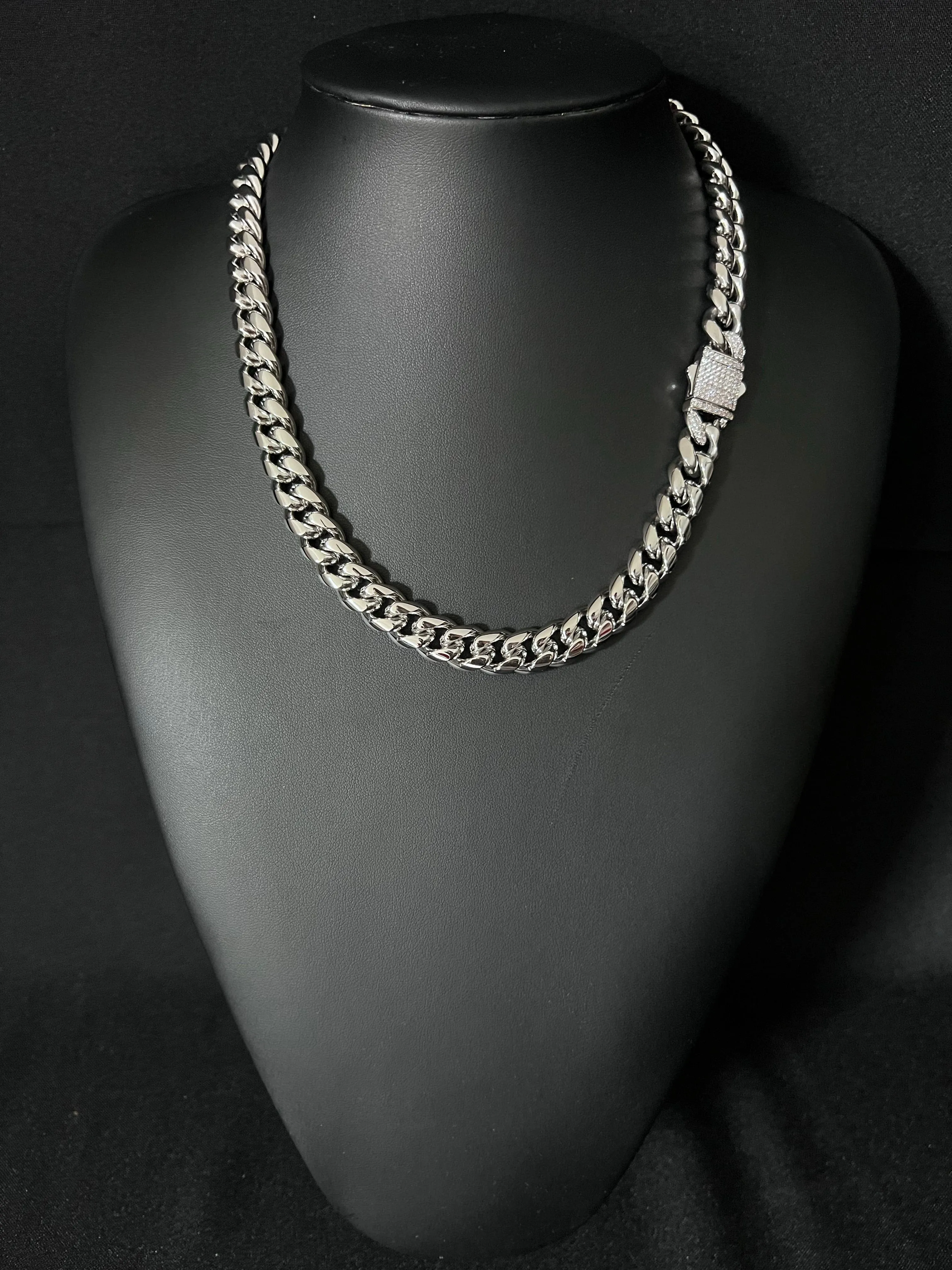 12mm cuban iced clasp chain - white gold