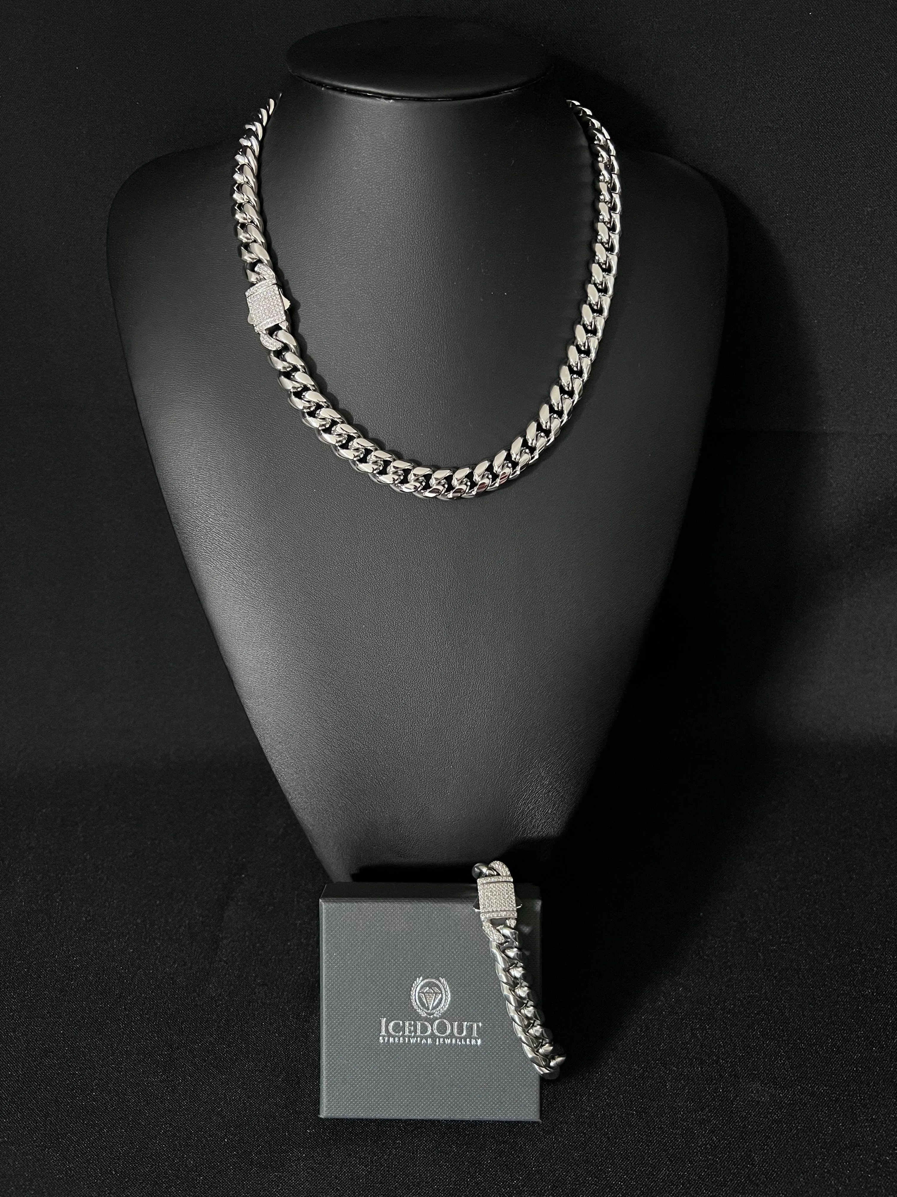 12mm cuban iced clasp chain - white gold