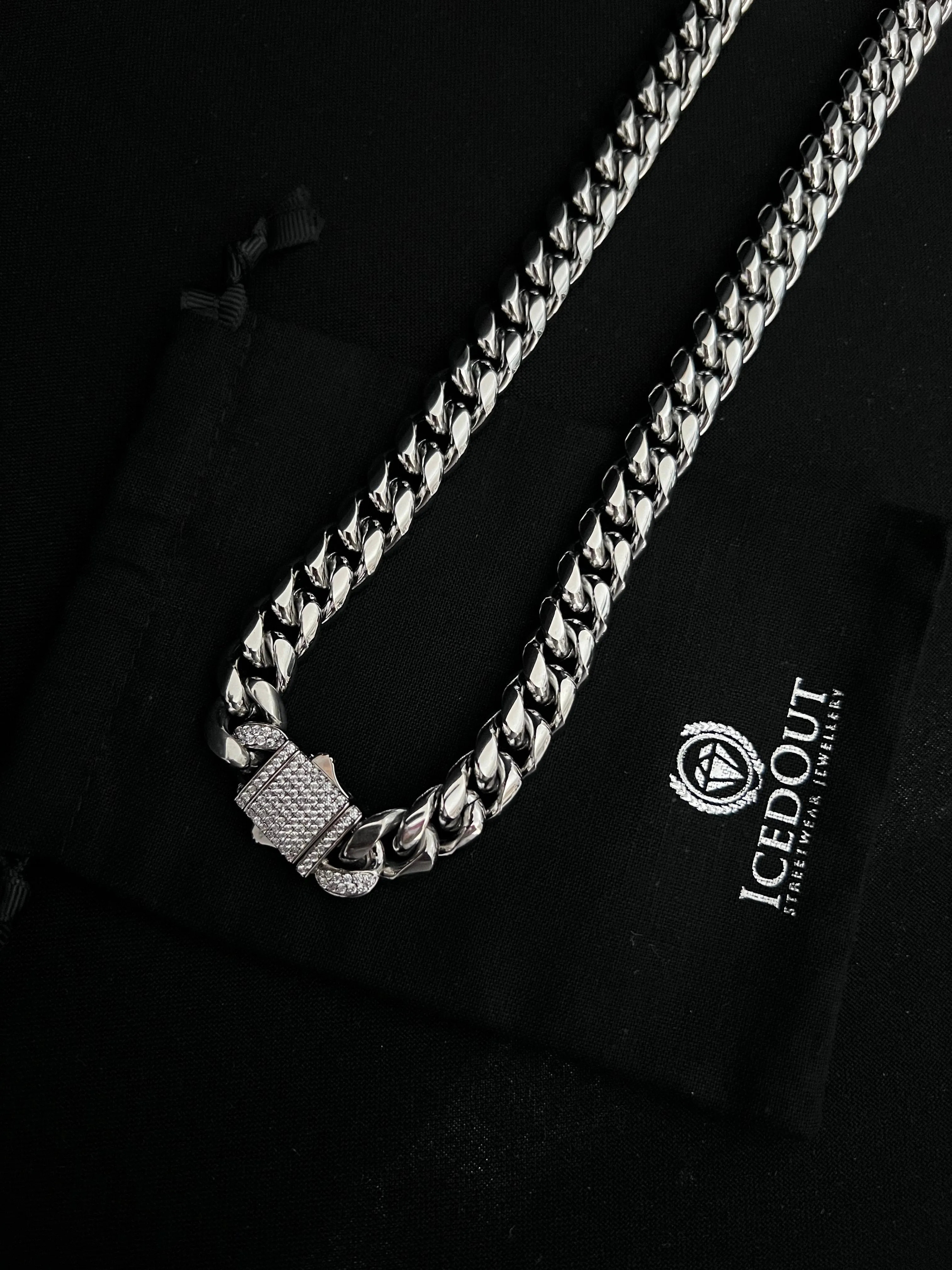 12mm cuban iced clasp chain - white gold