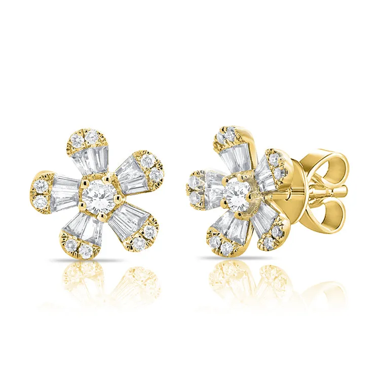 14k Gold & Diamond Baguette Flower Stud Earrings - 0.72ct