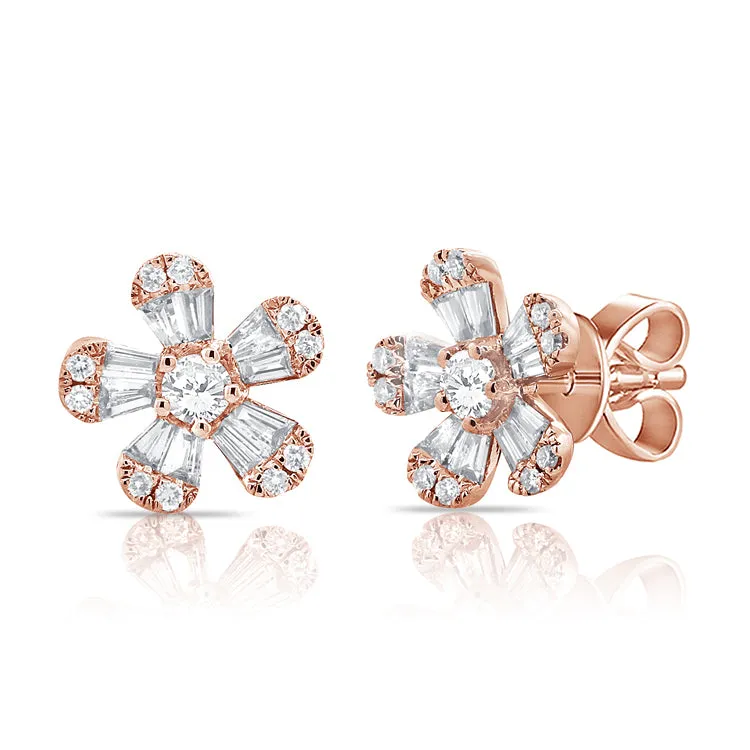 14k Gold & Diamond Baguette Flower Stud Earrings - 0.72ct