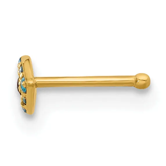 14k Yellow Gold  20 Gauge Blue CZ Evil Eye Nose Stud