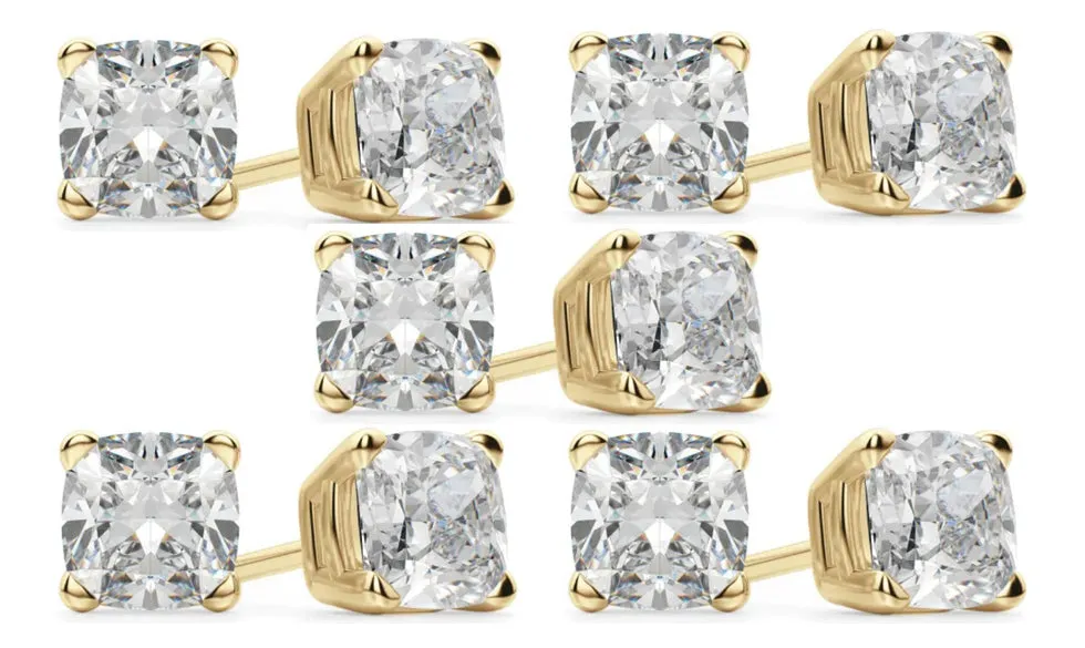 18k Yellow Gold 4mm 1/2Ct Cushion Cut White Sapphire Set Of Five Stud Earrings Plated