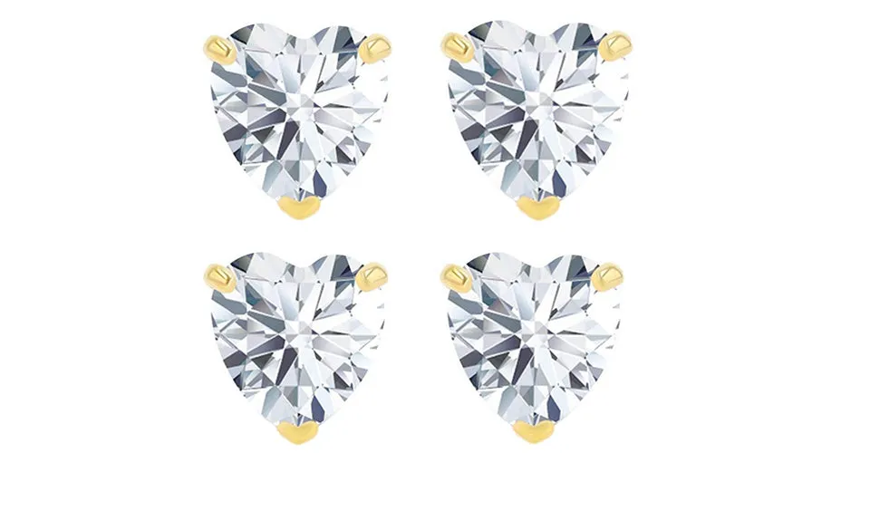 18k Yellow Gold Plated 4Ct Heart White Sapphire Set Of Two Stud Earrings