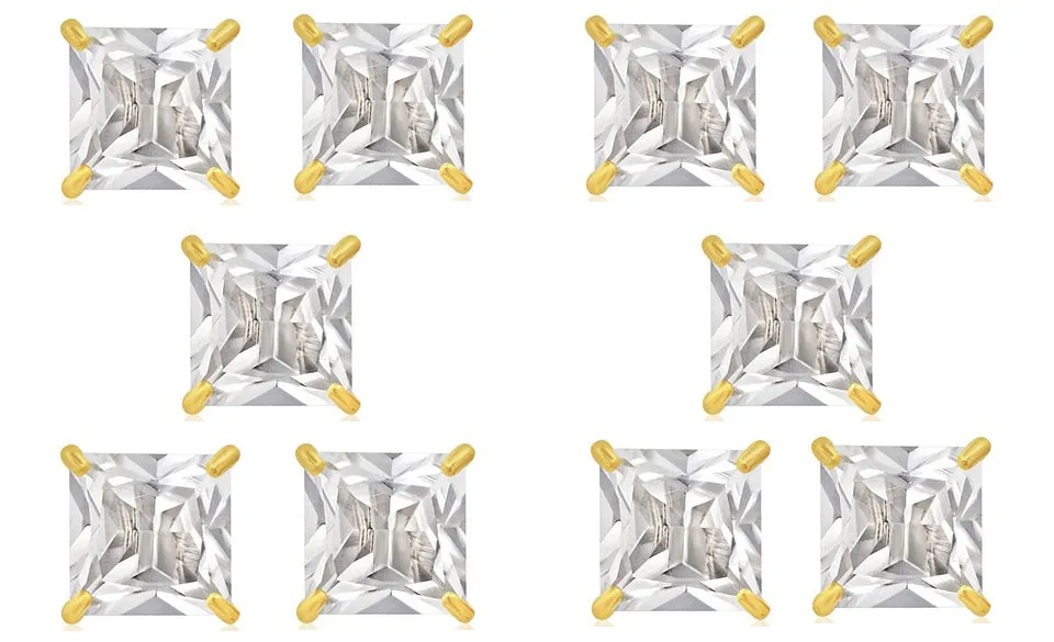 18k Yellow Gold Plated 4mm 3Ct Square Cut White Sapphire Set Of Five Stud Earrings
