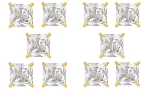 18k Yellow Gold Plated 4mm 3Ct Square Cut White Sapphire Set Of Five Stud Earrings