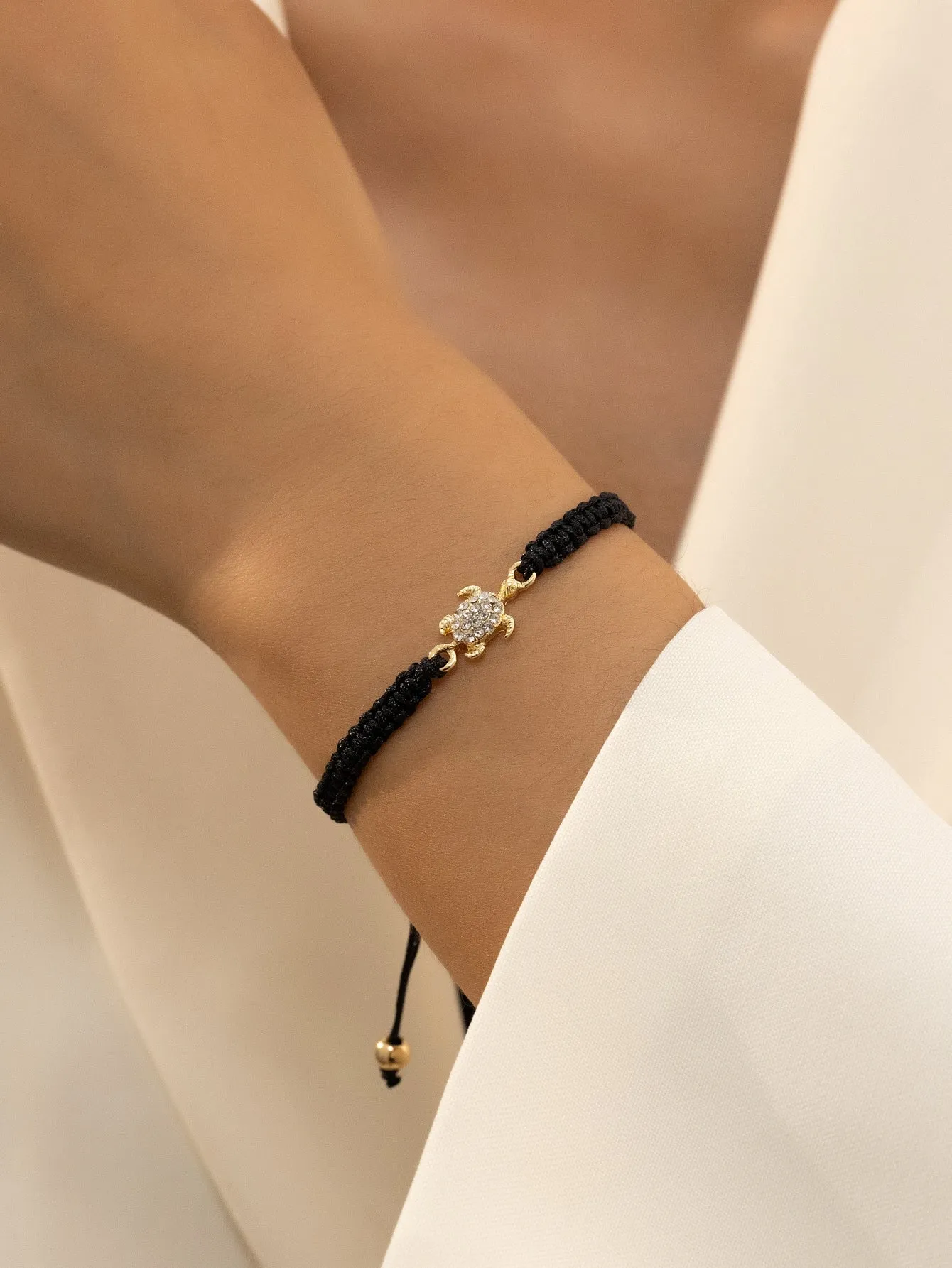 1pc Metal & Gemstone Inlaid Turtle Design Couple's Simple Braided Rope Bracelet