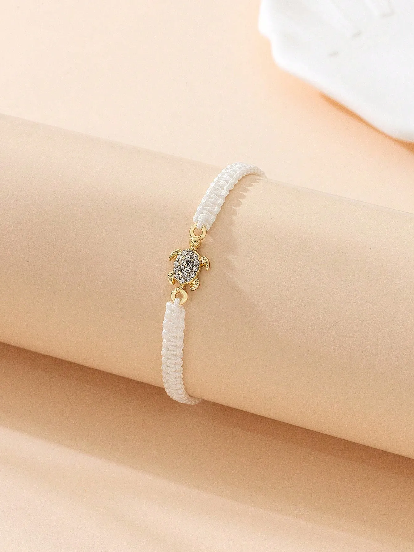 1pc Metal & Gemstone Inlaid Turtle Design Couple's Simple Braided Rope Bracelet