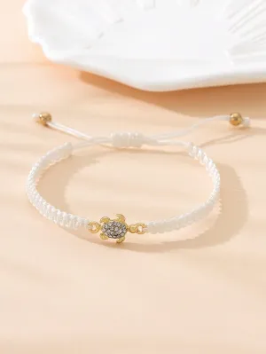 1pc Metal & Gemstone Inlaid Turtle Design Couple's Simple Braided Rope Bracelet