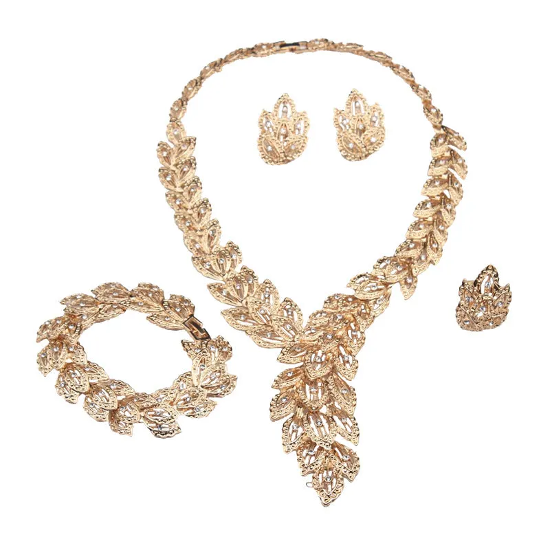 4PCS Gold Color Rhinestone Peacock Feather Necklaces Earrings Bracelet Rings Bridal Jewelry Sets Dubai Women Wedding Accessories