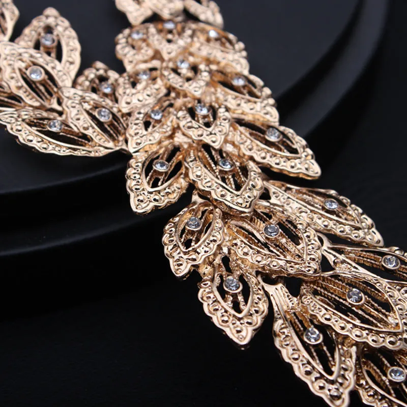 4PCS Gold Color Rhinestone Peacock Feather Necklaces Earrings Bracelet Rings Bridal Jewelry Sets Dubai Women Wedding Accessories