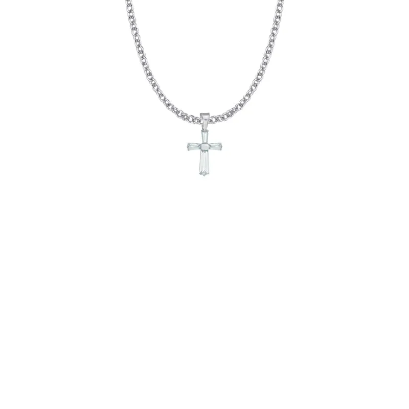 5/8 Inch Sterling Silver and Glass Crystal April Birthstone Baguette Cross Necklace