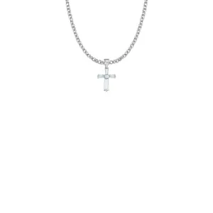 5/8 Inch Sterling Silver and Glass Crystal First Communion April Birthstone Baguette Cross Necklace