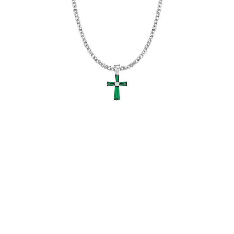 5/8 Inch Sterling Silver and Glass Crystal First Communion May Birthstone Baguette Cross Necklace