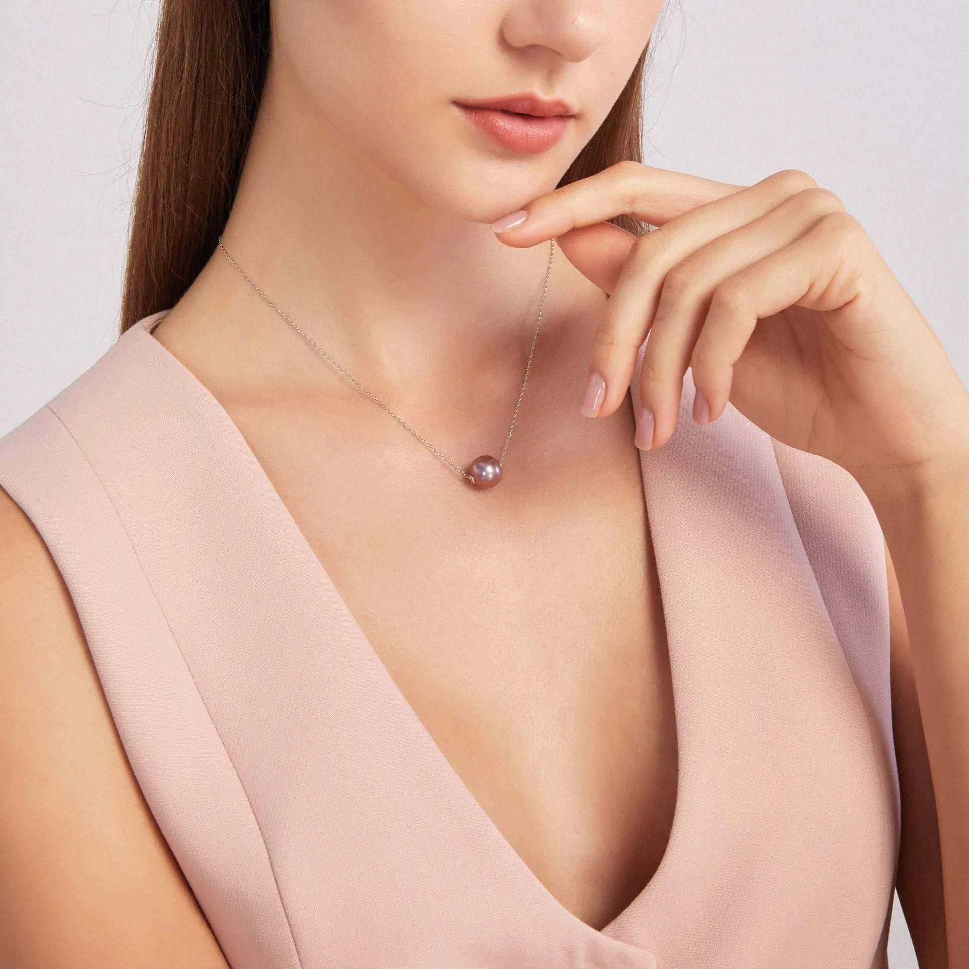 9-12mm Classic Purple Freshwater Pearl Floating Pendant Necklace