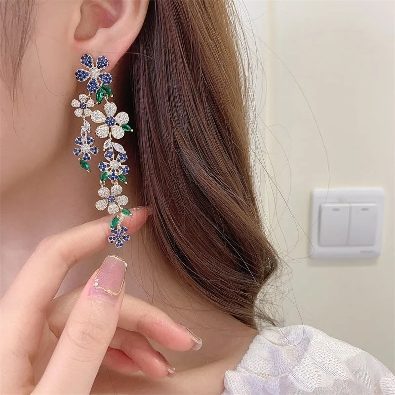 925 Silver Needles Long Floral Pendant Boho Earrings