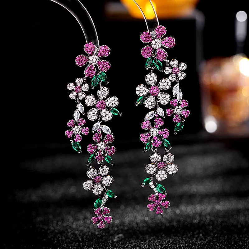 925 Silver Needles Long Floral Pendant Boho Earrings