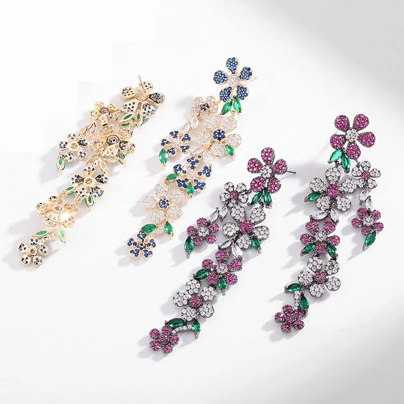 925 Silver Needles Long Floral Pendant Boho Earrings