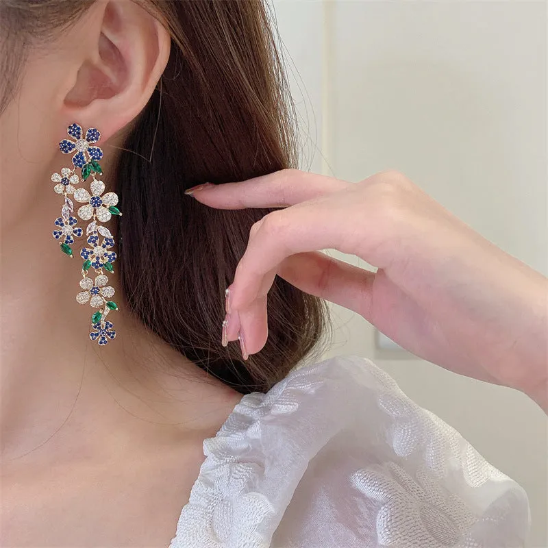 925 Silver Needles Long Floral Pendant Boho Earrings