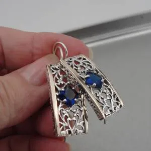 9k Gold 925 Sterling Silver Blue Sapphire Z Earrings