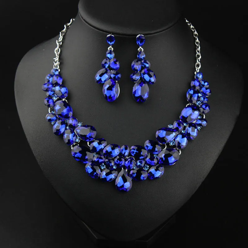American light luxury 5-color super flash versatile crystal gem necklace earrings set dress banquet female bride accessories
