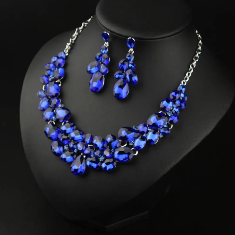 American light luxury 5-color super flash versatile crystal gem necklace earrings set dress banquet female bride accessories
