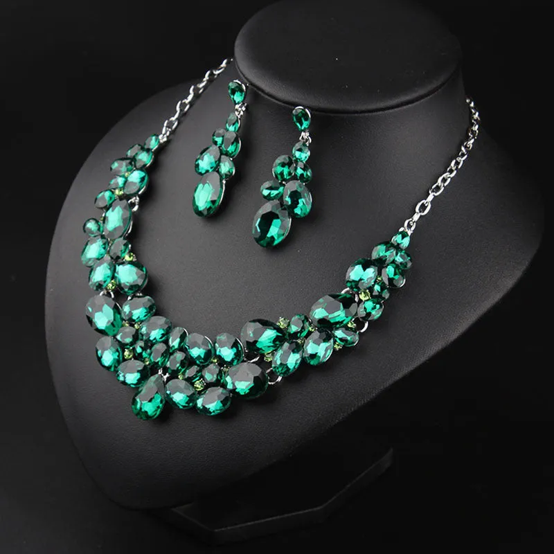 American light luxury 5-color super flash versatile crystal gem necklace earrings set dress banquet female bride accessories