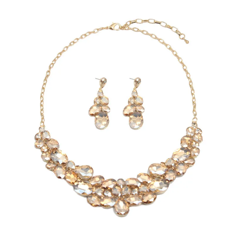 American light luxury 5-color super flash versatile crystal gem necklace earrings set dress banquet female bride accessories