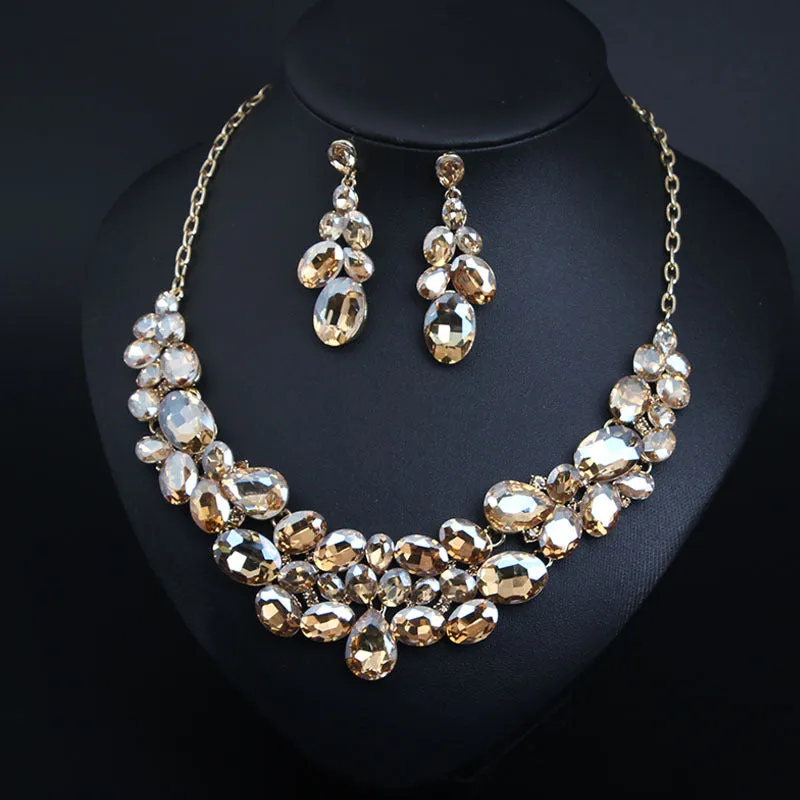 American light luxury 5-color super flash versatile crystal gem necklace earrings set dress banquet female bride accessories