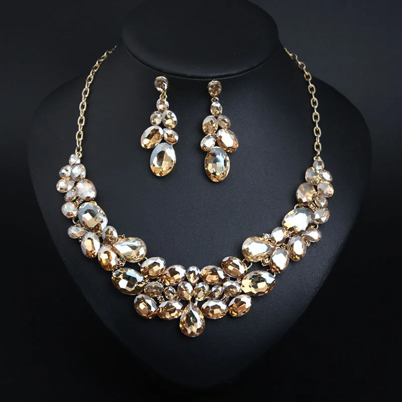 American light luxury 5-color super flash versatile crystal gem necklace earrings set dress banquet female bride accessories
