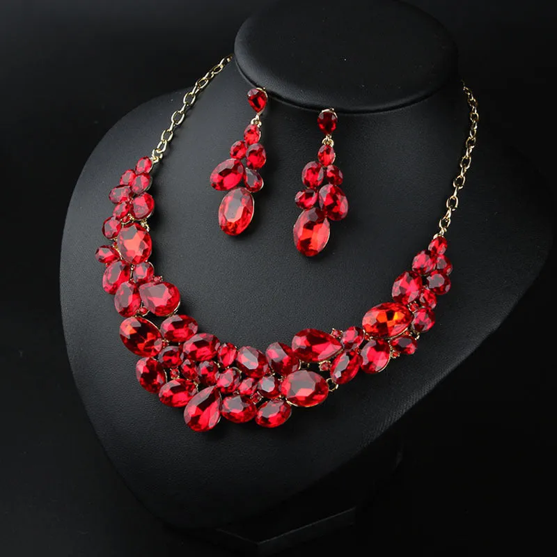 American light luxury 5-color super flash versatile crystal gem necklace earrings set dress banquet female bride accessories