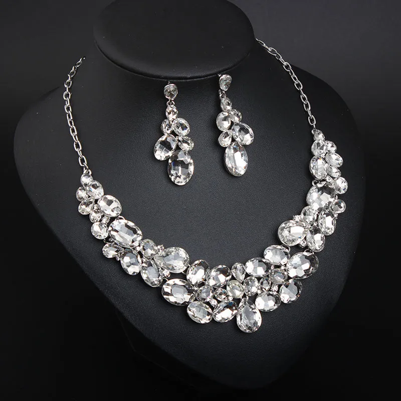 American light luxury 5-color super flash versatile crystal gem necklace earrings set dress banquet female bride accessories