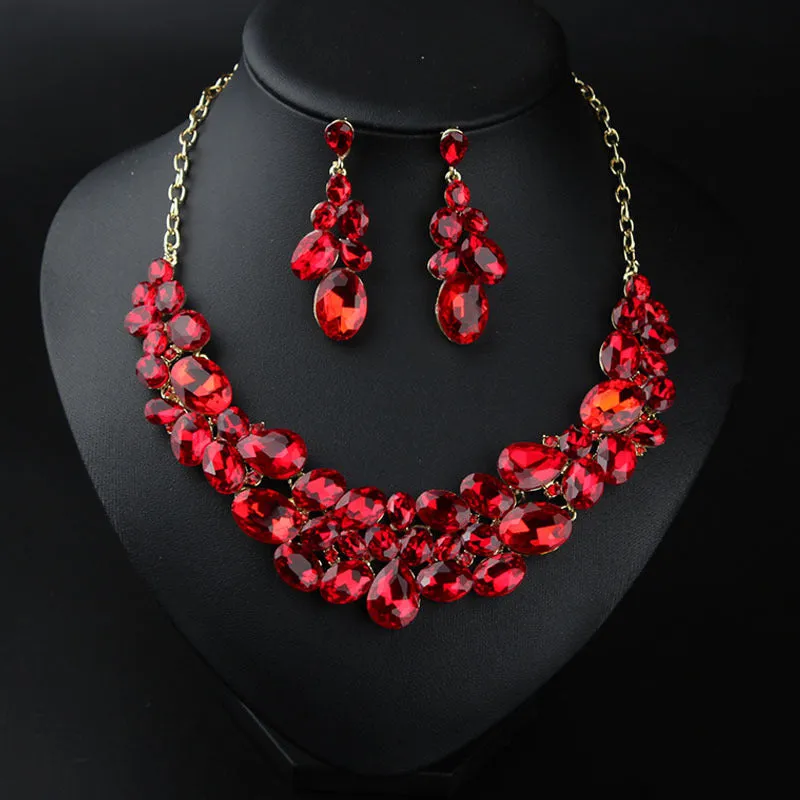 American light luxury 5-color super flash versatile crystal gem necklace earrings set dress banquet female bride accessories