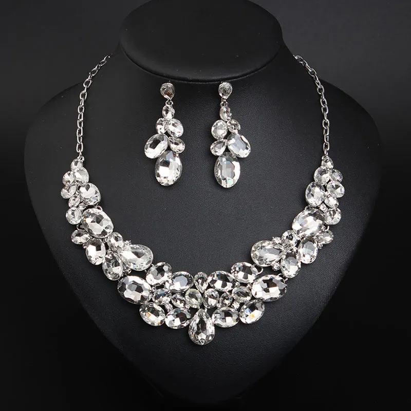 American light luxury 5-color super flash versatile crystal gem necklace earrings set dress banquet female bride accessories