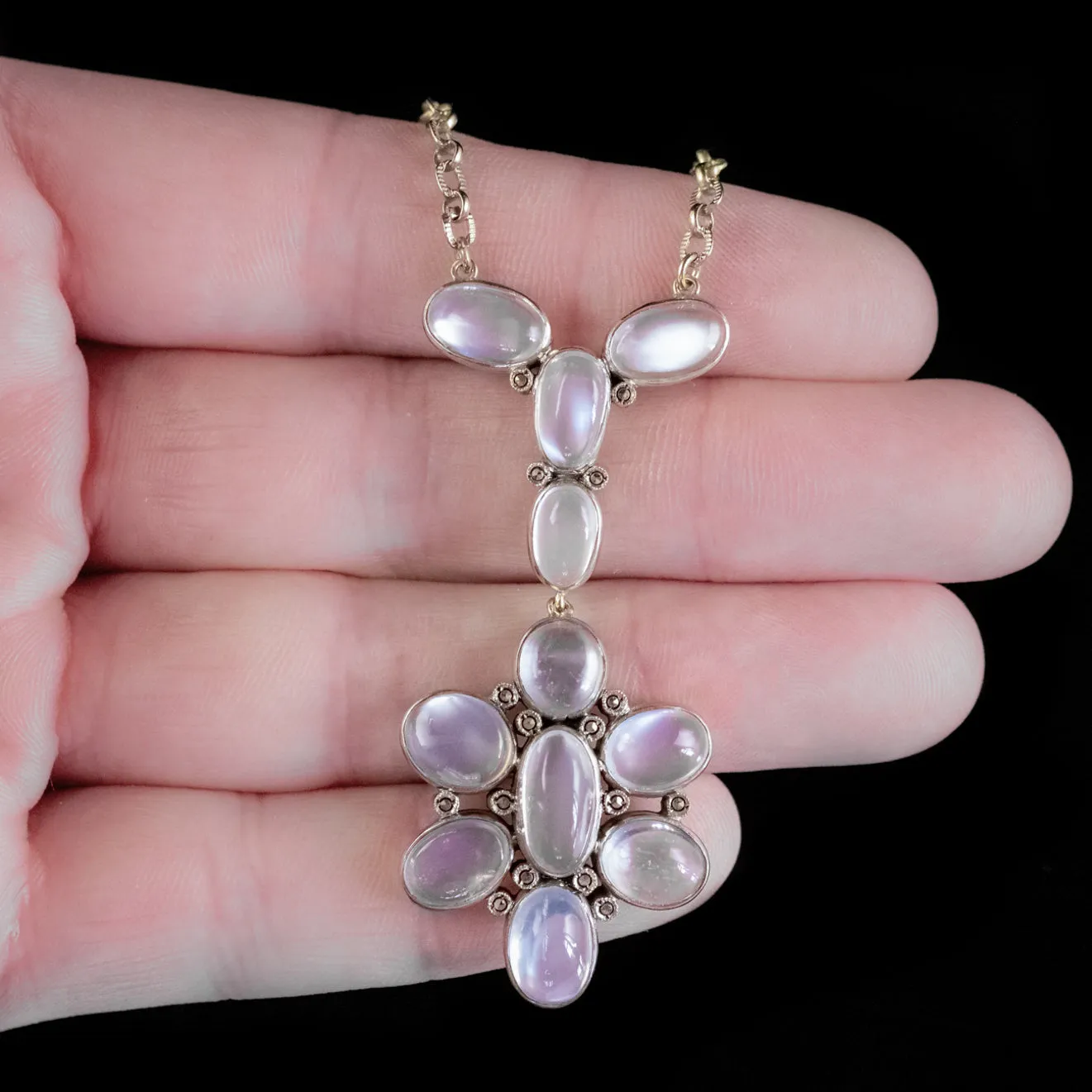Antique Edwardian Moonstone Lavaliere Pendant Necklace Silver Gold Gilt