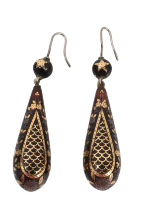 Antique Pique Tortoiseshell Gold and Silver Inlaid Victorian Earrings