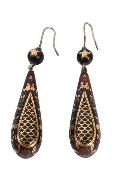 Antique Pique Tortoiseshell Gold and Silver Inlaid Victorian Earrings