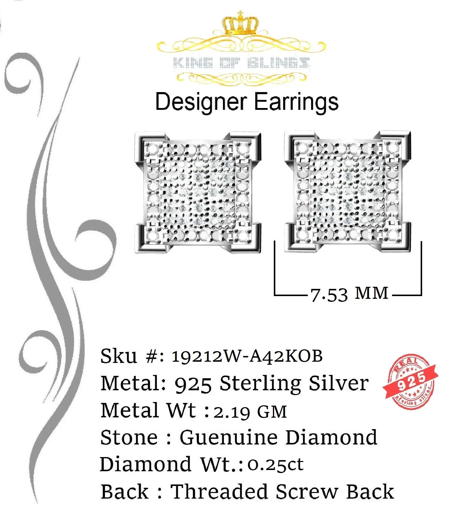 Aretes Para 925 Sterling White Silver 0.25ct Diamond Women & Men Stud Earrings