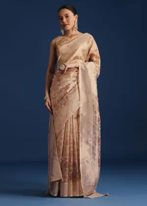 Beige Tissue Chanderi Floral Print Saree with Zardosi Work