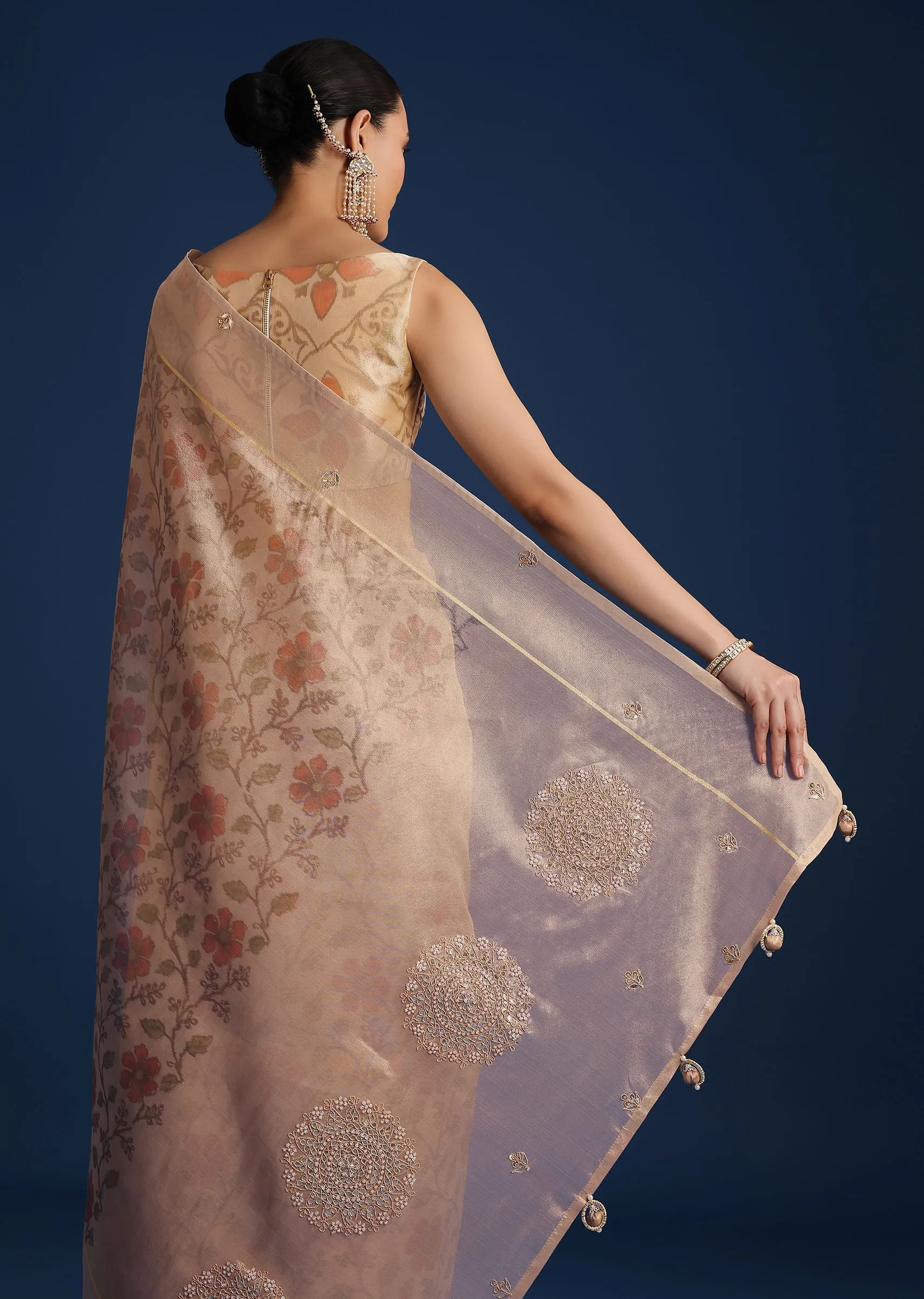 Beige Tissue Chanderi Floral Print Saree with Zardosi Work
