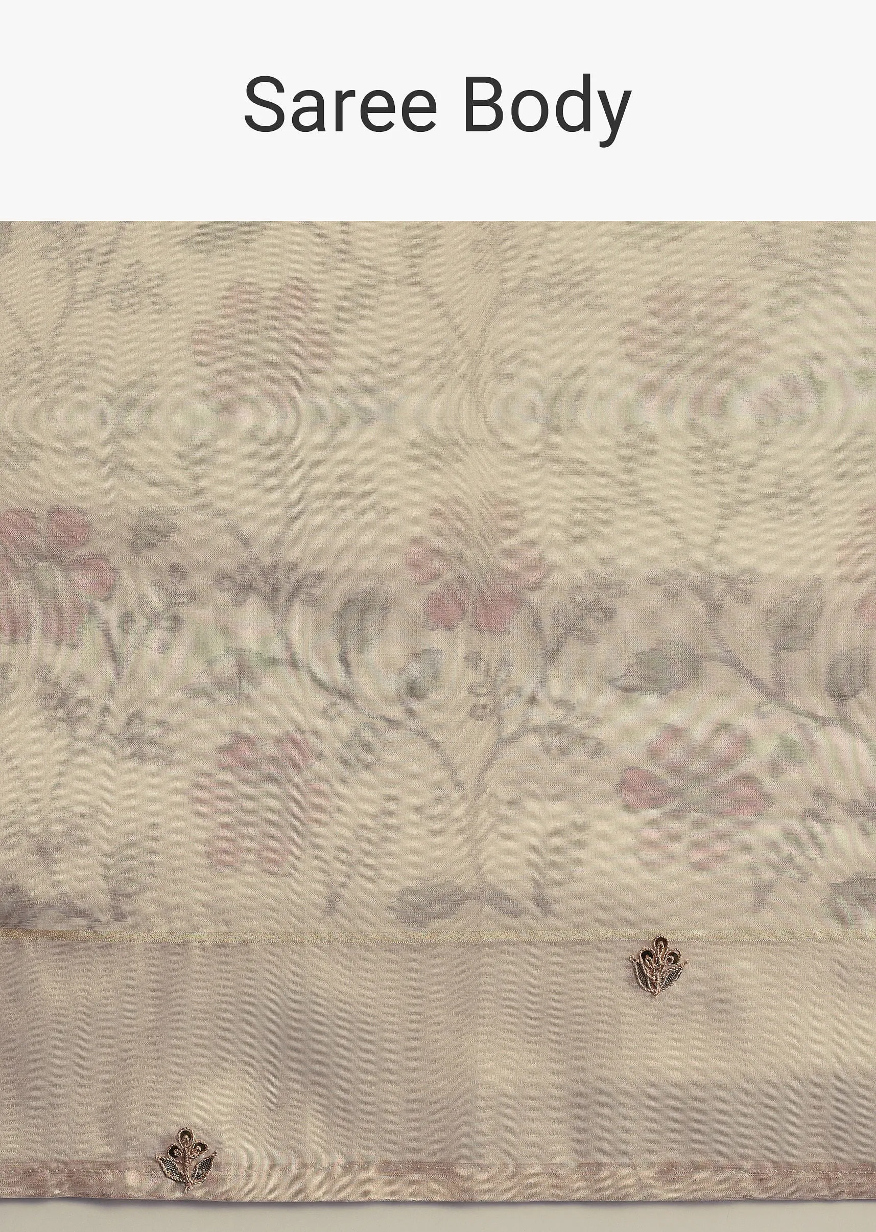 Beige Tissue Chanderi Floral Print Saree with Zardosi Work
