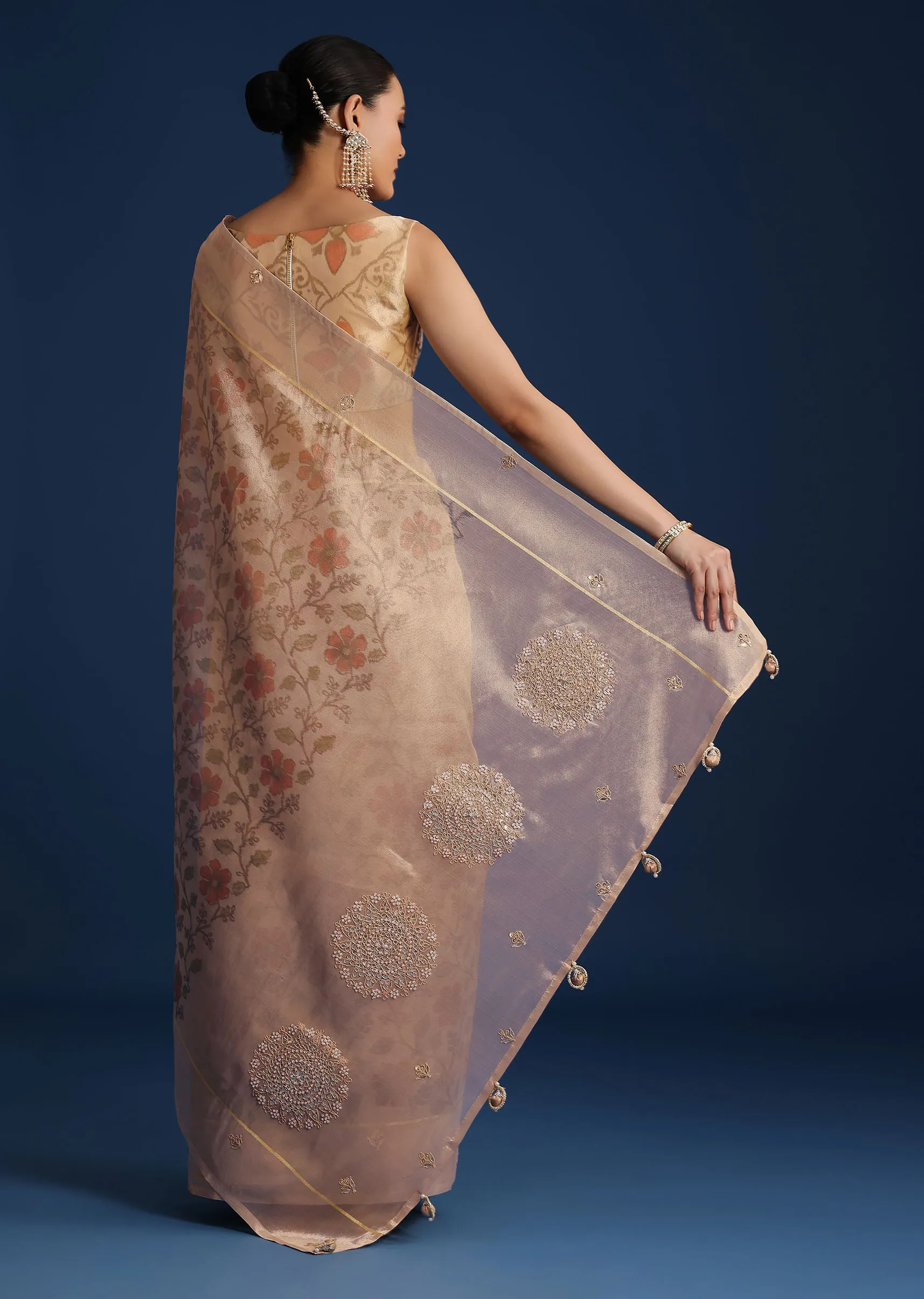 Beige Tissue Chanderi Floral Print Saree with Zardosi Work