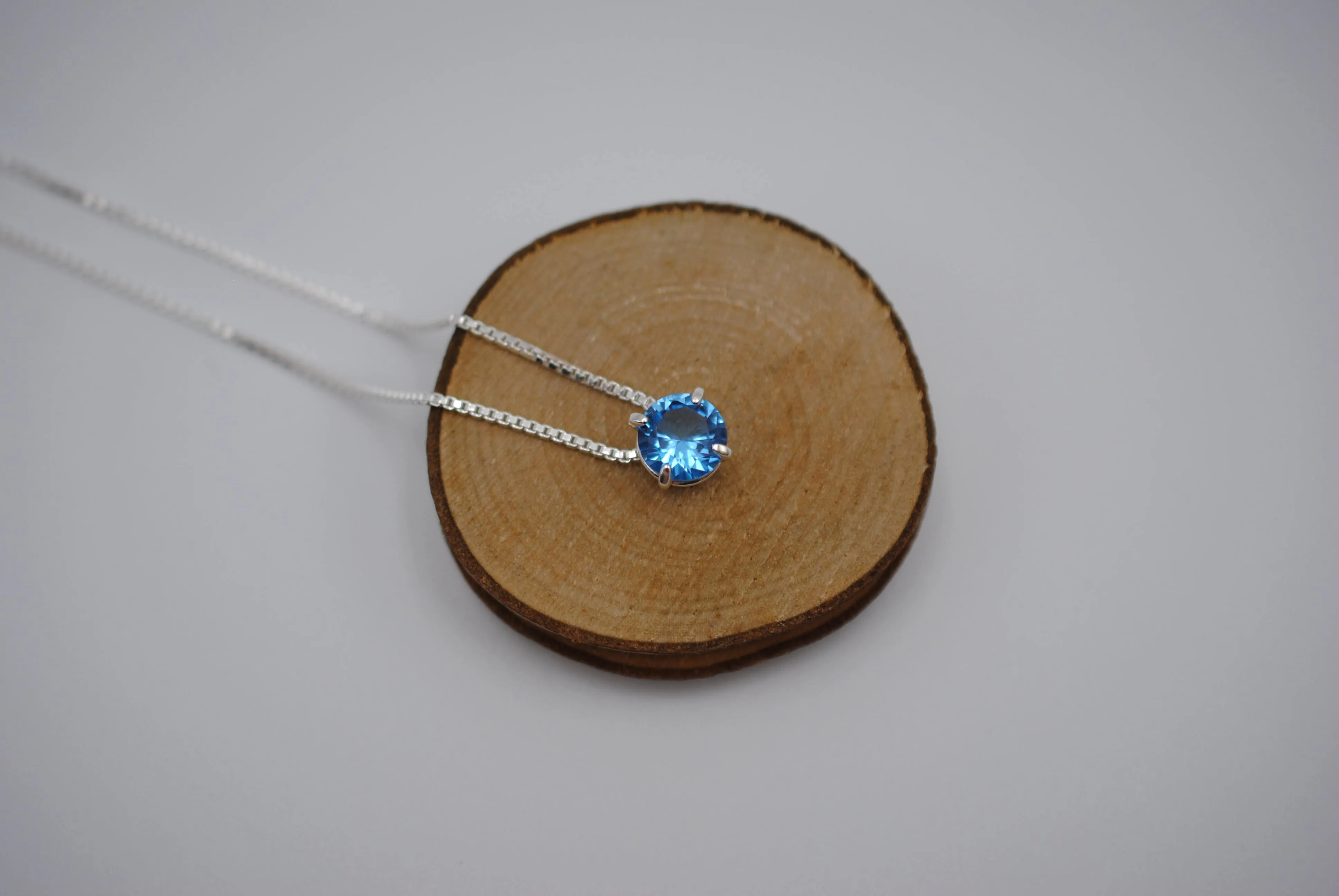 Birthstone Necklace: Round Aquamarine, Silver Prongs, Adjustable Chain