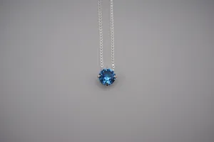 Birthstone Necklace: Round Aquamarine, Silver Prongs, Adjustable Chain