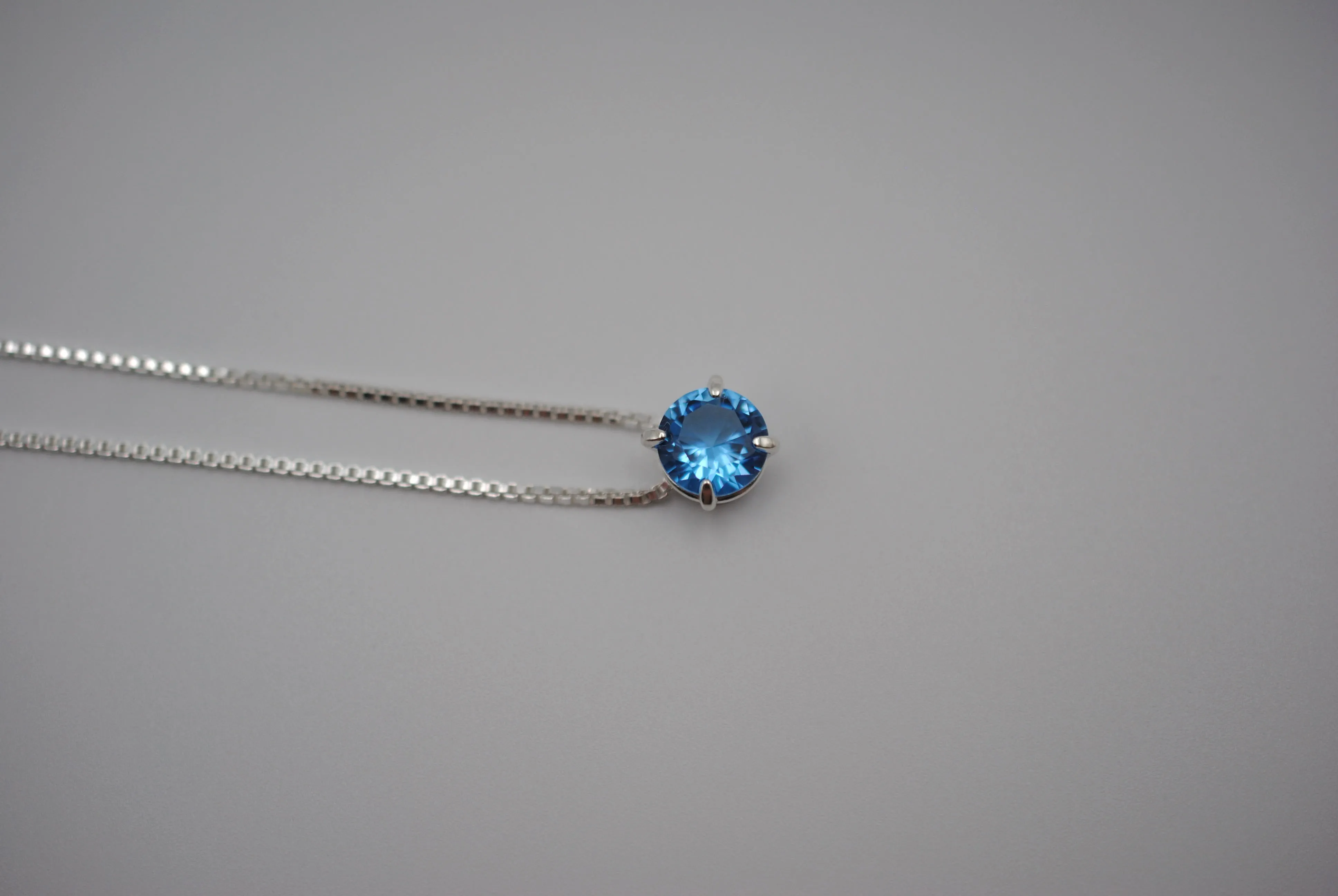 Birthstone Necklace: Round Aquamarine, Silver Prongs, Adjustable Chain