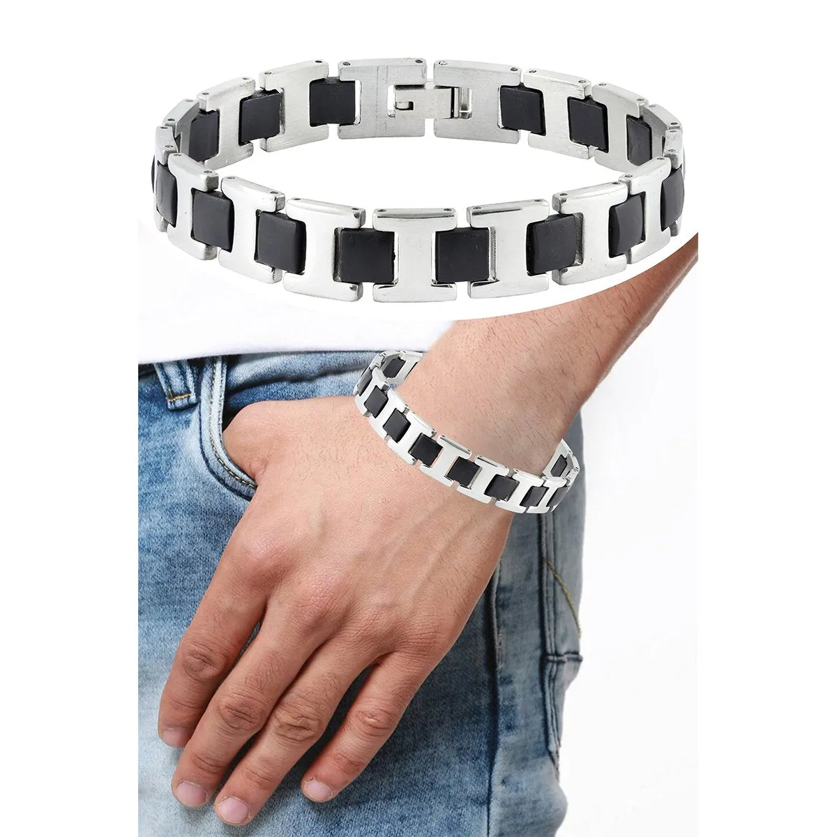 Black Fibre Links Silver 316L Surgical Stainless Steel Bracelet Men