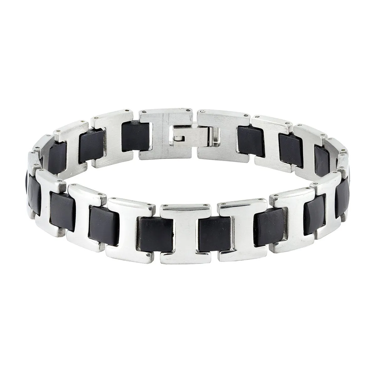 Black Fibre Links Silver 316L Surgical Stainless Steel Bracelet Men