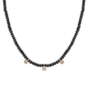 Black Spinel Gemstone & Three diamonds Necklace - 14K Rose Gold