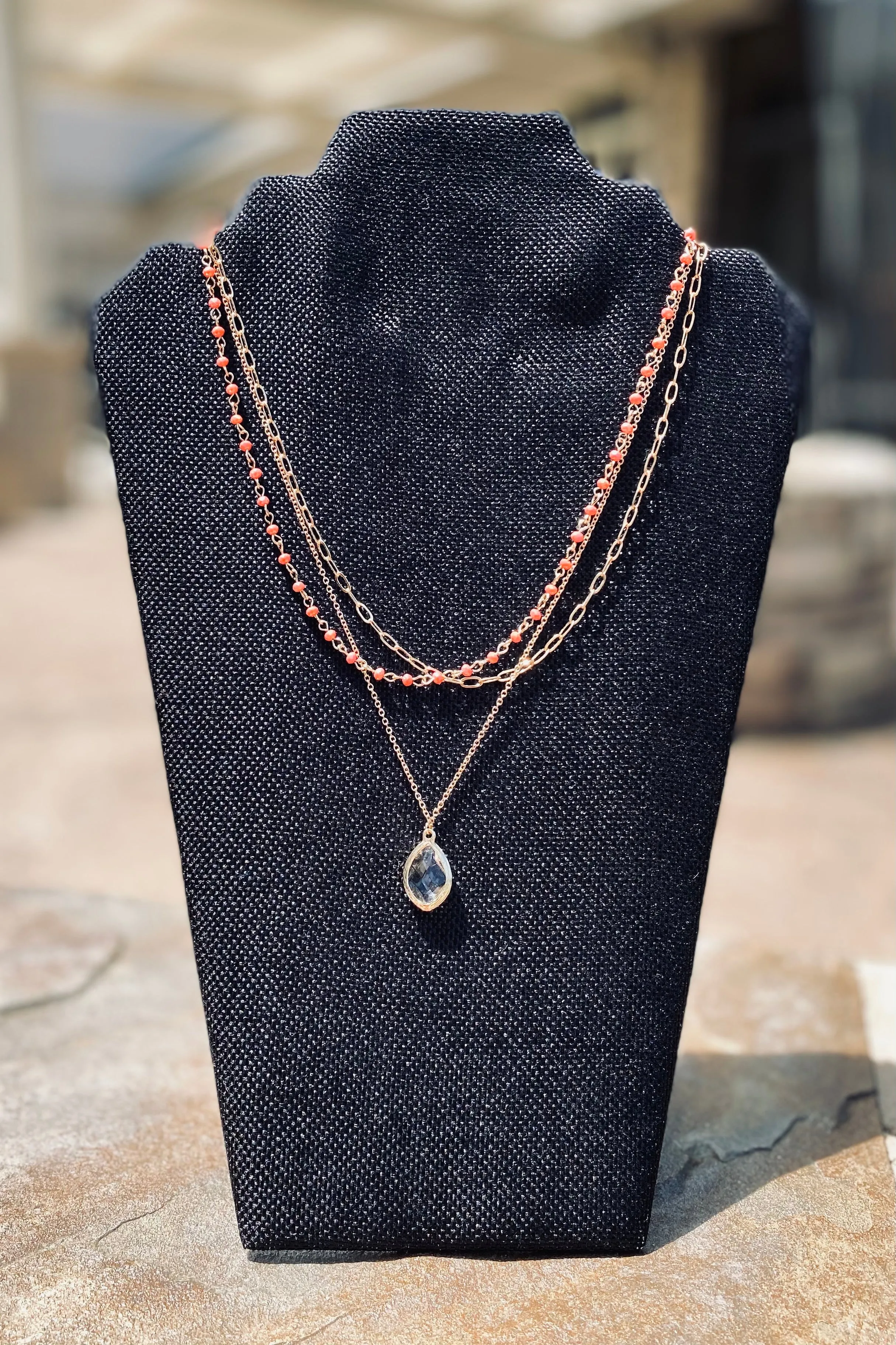 Coral Beaded Stacked with Crystal Charm