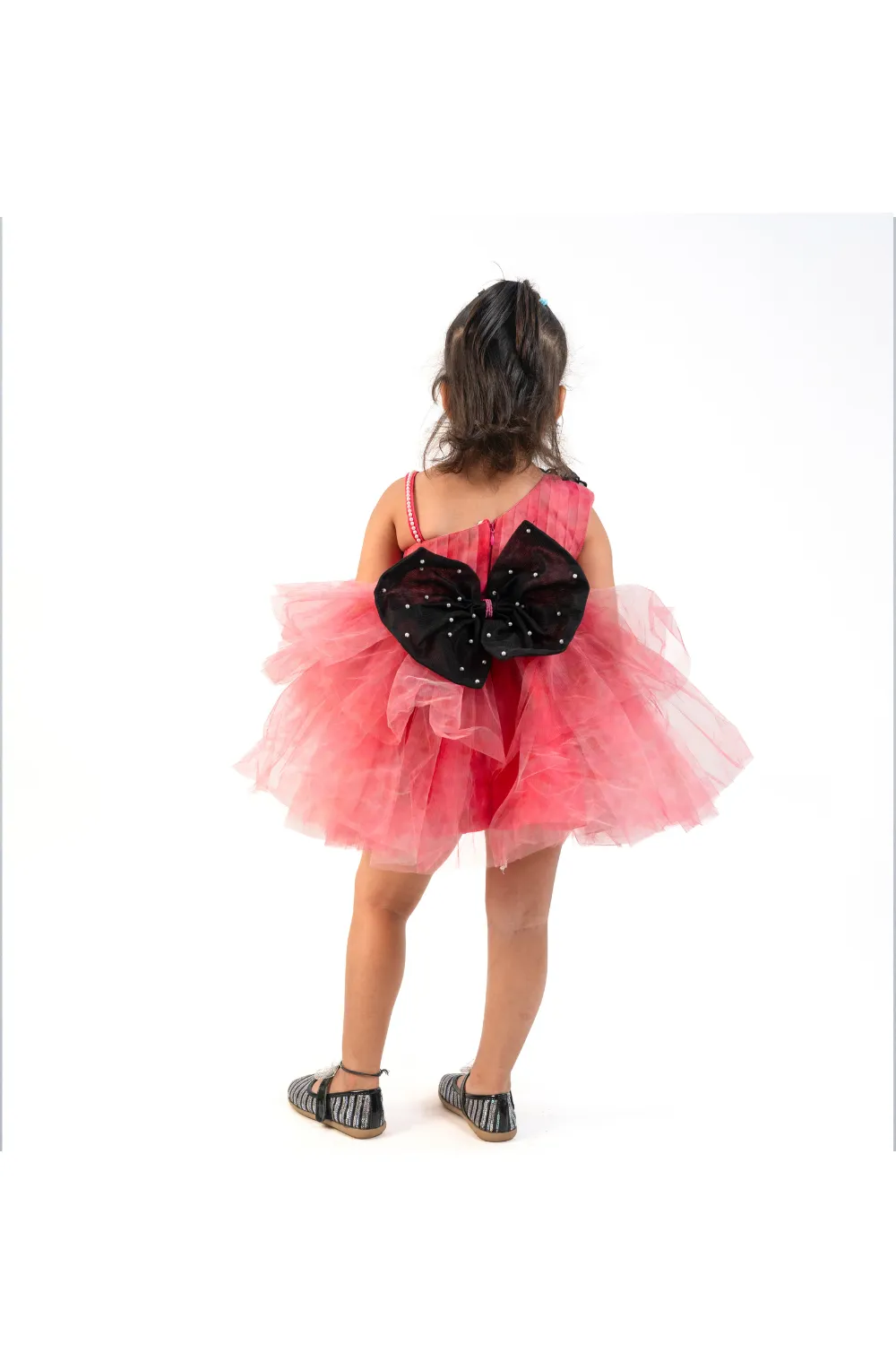 Coral Bow Asymmetrical Pearl Embroidered Up-Frill Net Frock